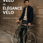 Femme élégante en tenue chic à vélo dans un cadre urbain.