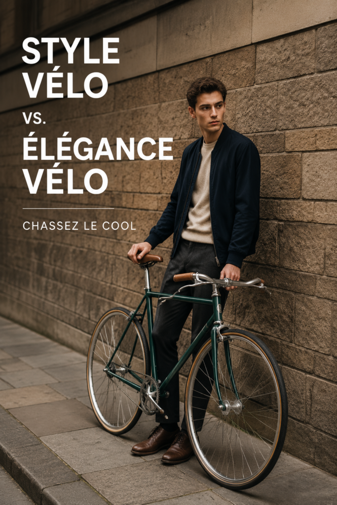 Femme élégante en tenue chic à vélo dans un cadre urbain.