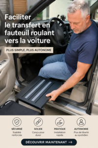 Une personne en fauteuil roulant se préparant à entrer dans une voiture avec assistance.