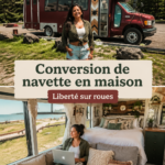 Un bus rénové en habitation confortable avec un intérieur stylé et chaleureux.