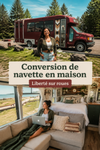 Un bus rénové en habitation confortable avec un intérieur stylé et chaleureux.
