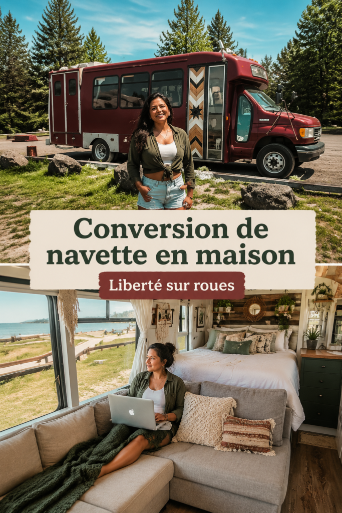 Un bus rénové en habitation confortable avec un intérieur stylé et chaleureux.