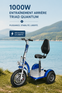 Un vélo électrique Triad Quantum 1000w sur une route à la campagne, symbolisant la mobilité moderne.