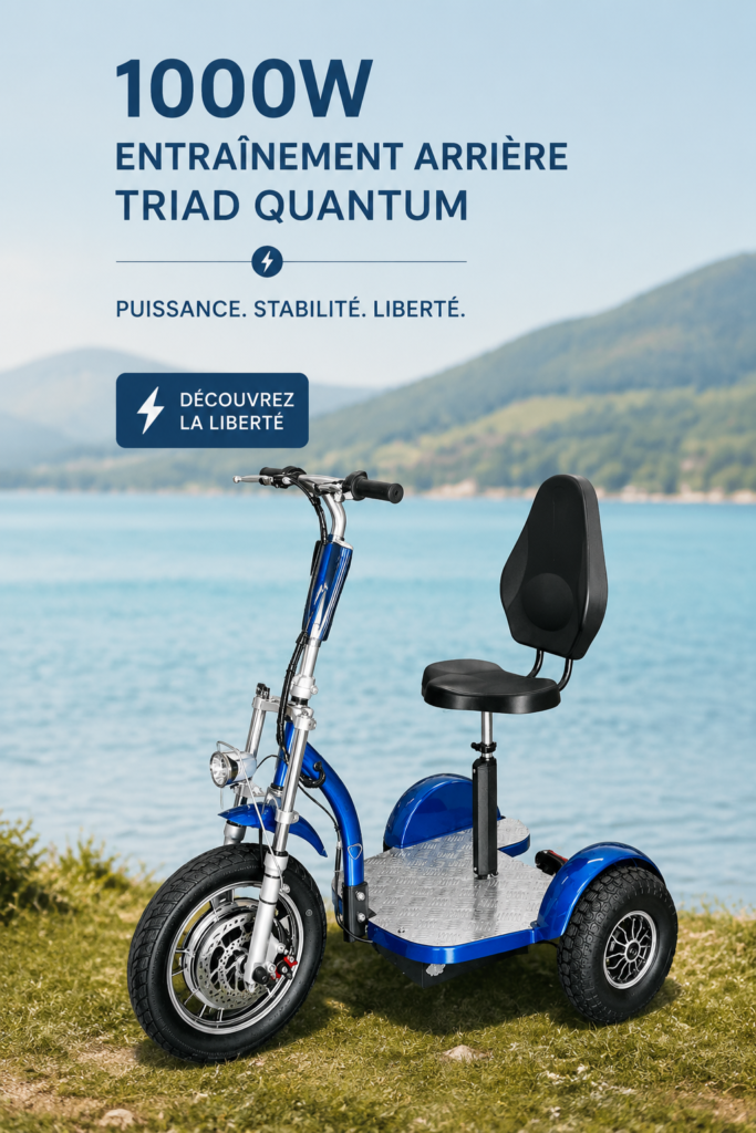 Un vélo électrique Triad Quantum 1000w sur une route à la campagne, symbolisant la mobilité moderne.
