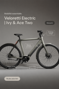 Un Veloretti Ace Two en bleu dans un cadre urbain, représentant le vélo électrique moderne.