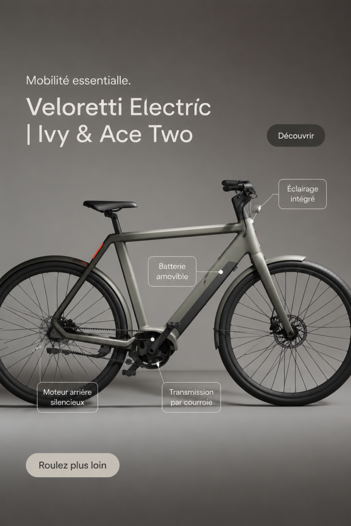 Un Veloretti Ace Two en bleu dans un cadre urbain, représentant le vélo électrique moderne.