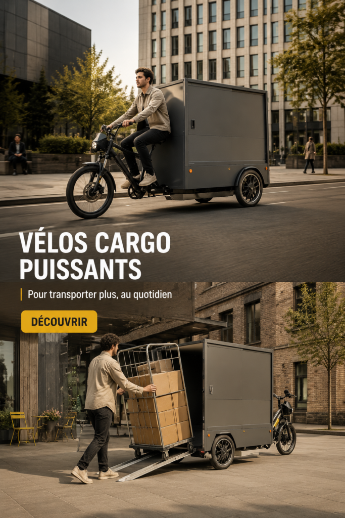 Photo d'un vélo cargo chargé et prêt pour les courses en milieu urbain.