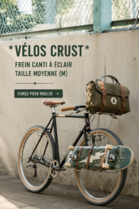 Un vélo Crust au design élégant et moderne sur une route ensoleillée.