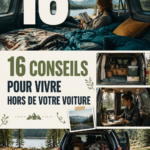 Image d'une voiture aménagée pour la vie sur la route avec des espaces de rangement optimisés.
