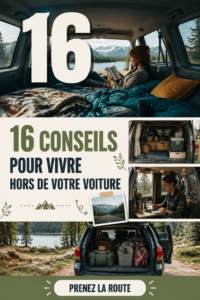Image d'une voiture aménagée pour la vie sur la route avec des espaces de rangement optimisés.