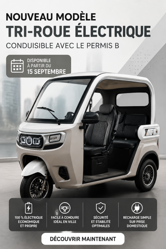 Vue d'un VIVEL TRIKE électrique sur une route ensoleillée.