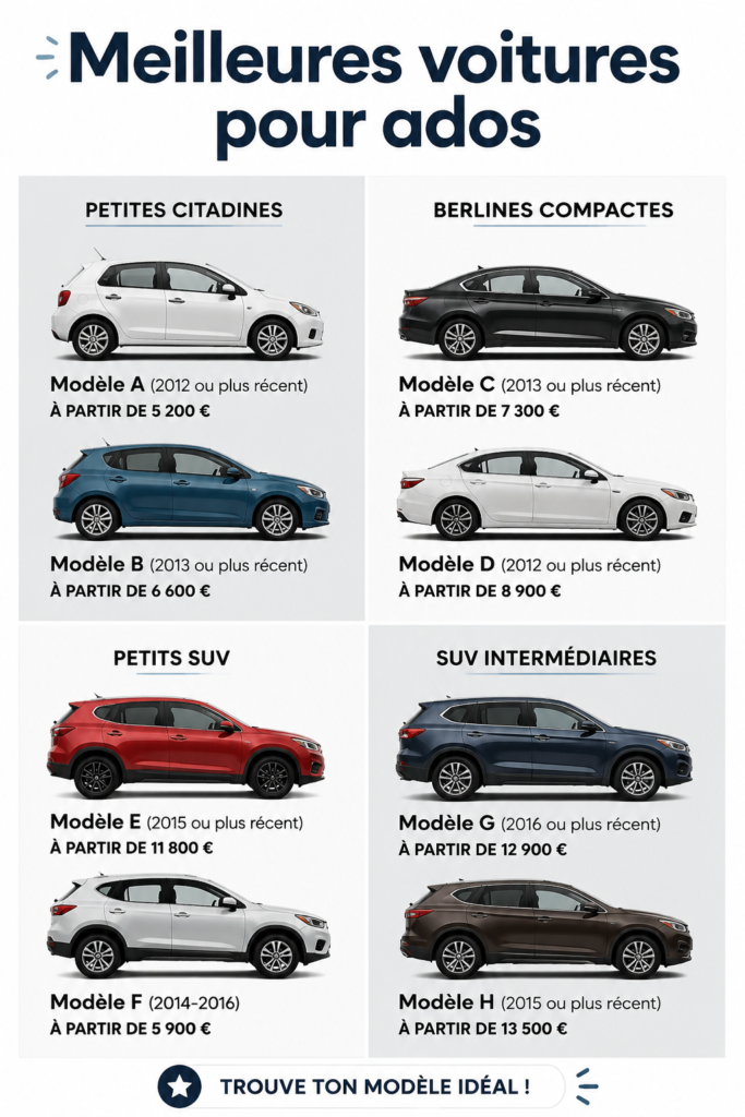 Une adolescente souriante dans sa nouvelle voiture, symbole de confiance et de sécurité.