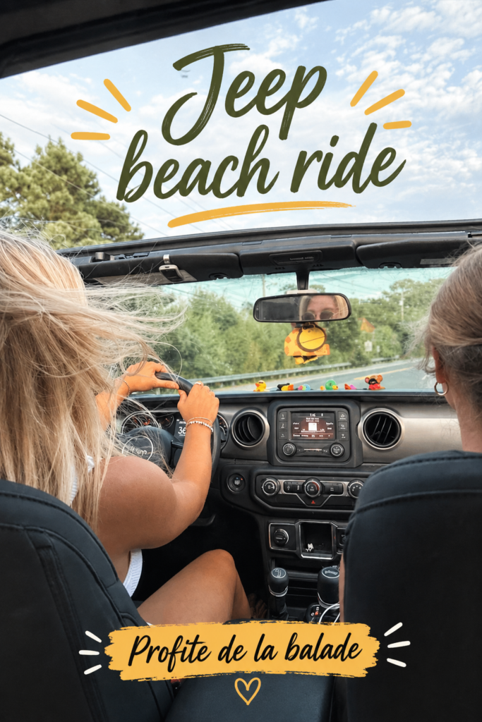 Jeep sur une plage ensoleillée avec des vagues en arrière-plan
