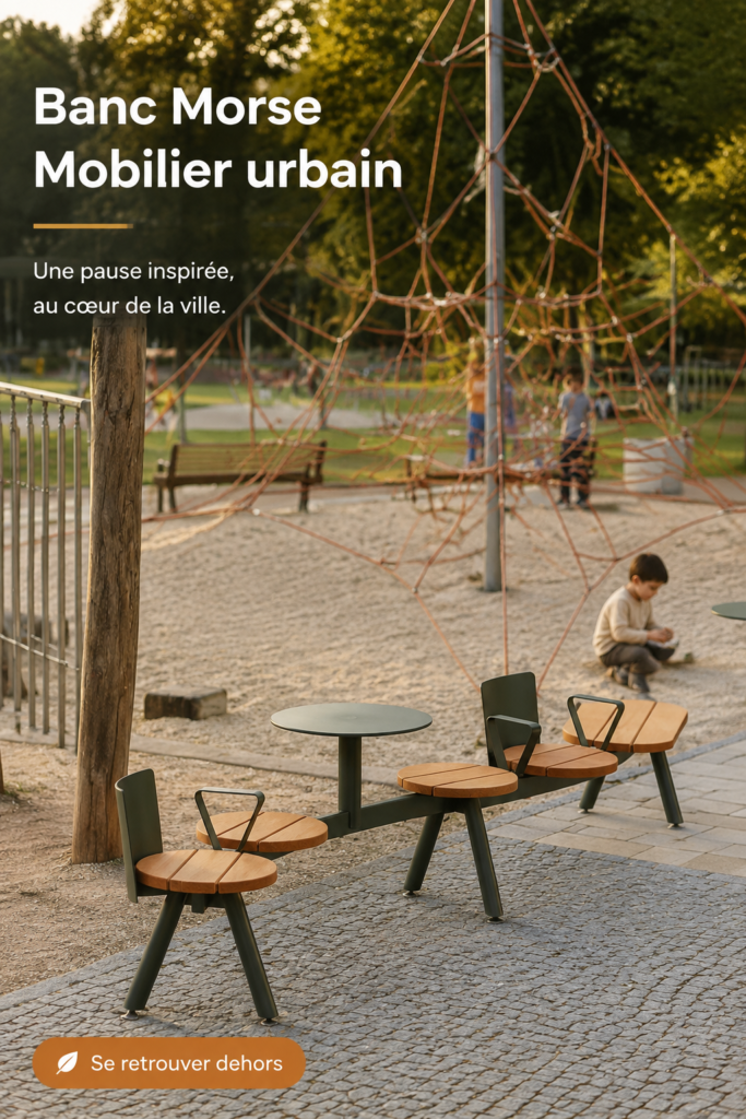 Image d'un banc Morse dans un environnement urbain moderne, mettant en avant son design élégant.