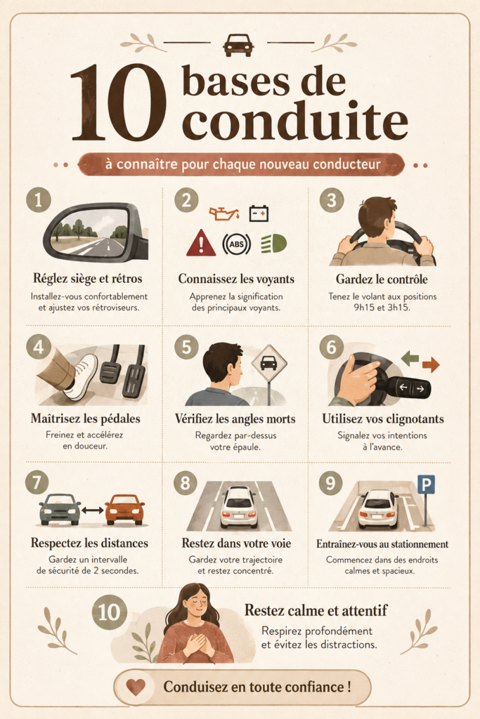 Femme souriante au volant d'une voiture, prête à conduire en toute confiance.