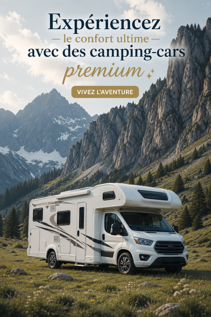 Camping-car de luxe sur la route, entouré de paysages magnifiques, illustrant le confort de voyage.