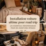 Une famille joyeuse préparant leurs essentiels de road trip dans une voiture sur la route