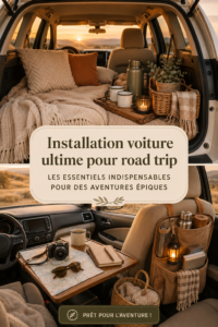 Une famille joyeuse préparant leurs essentiels de road trip dans une voiture sur la route