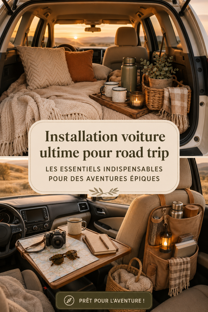 Une famille joyeuse préparant leurs essentiels de road trip dans une voiture sur la route