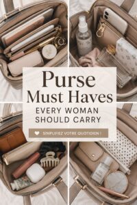 Femme détenant un sac à main stylé et pratique avec des indispensables à l'intérieur