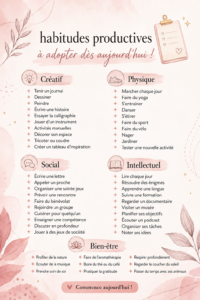 Femme heureuse adoptant des habitudes productives dans une ambiance chaleureuse.