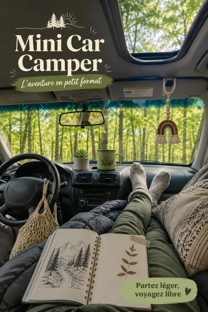 Un mini camping-car stationné dans un paysage naturel, prêt pour l'aventure.