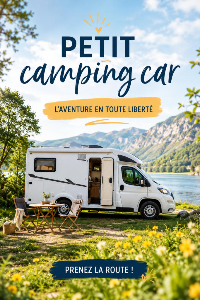 Un petit camping-car garé dans un magnifique paysage naturel, idéal pour une escapade.