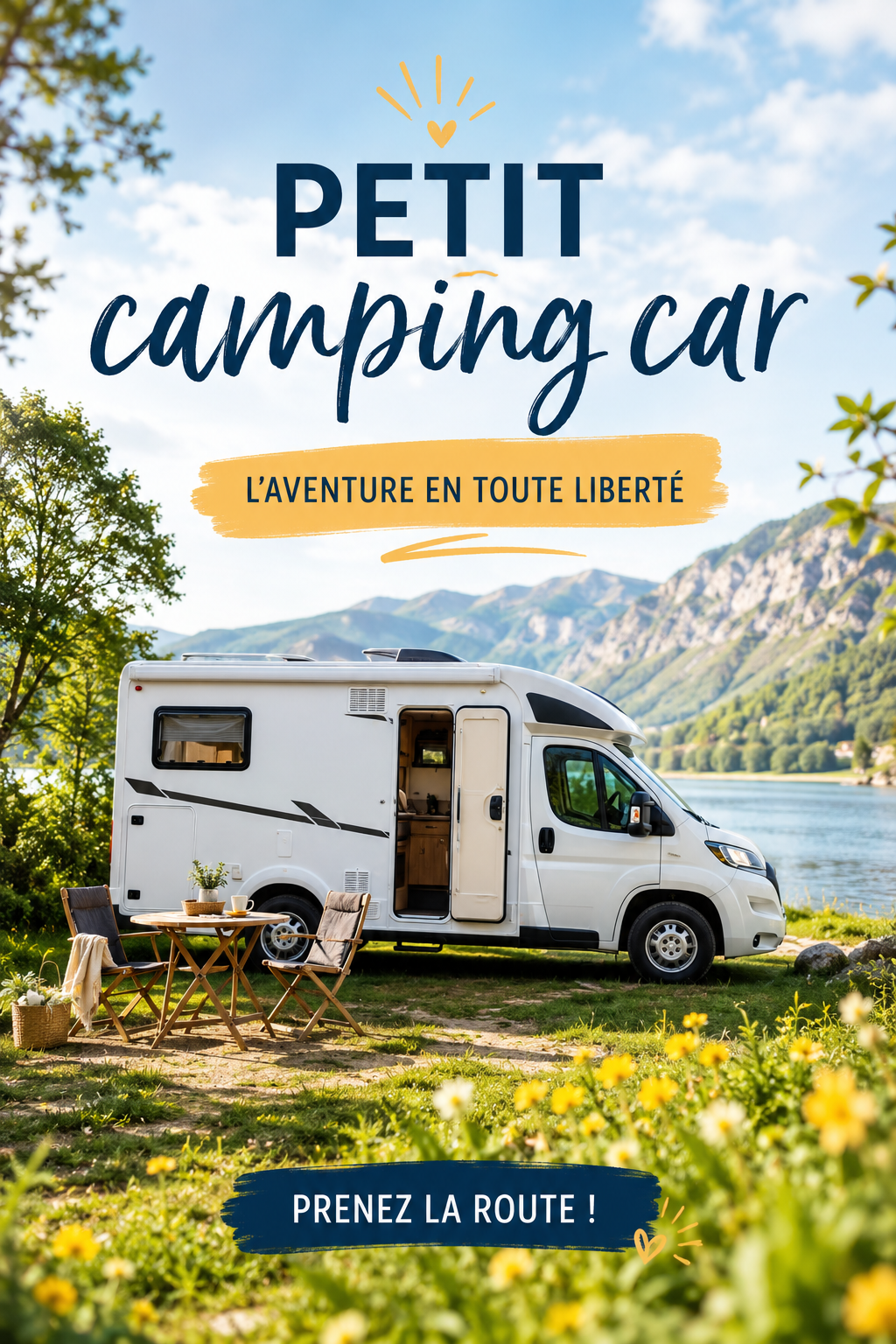 Un petit camping-car garé dans un magnifique paysage naturel, idéal pour une escapade.