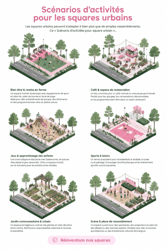 Place urbaine animée avec des personnes s'adonnant à diverses activités.