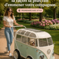 Poussette pour chien en forme de bus Volkswagen, idéale pour les promenades en ville.