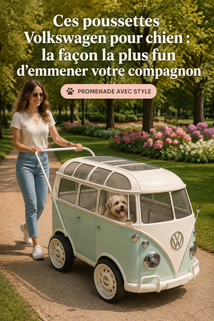 Poussette pour chien en forme de bus Volkswagen, idéale pour les promenades en ville.