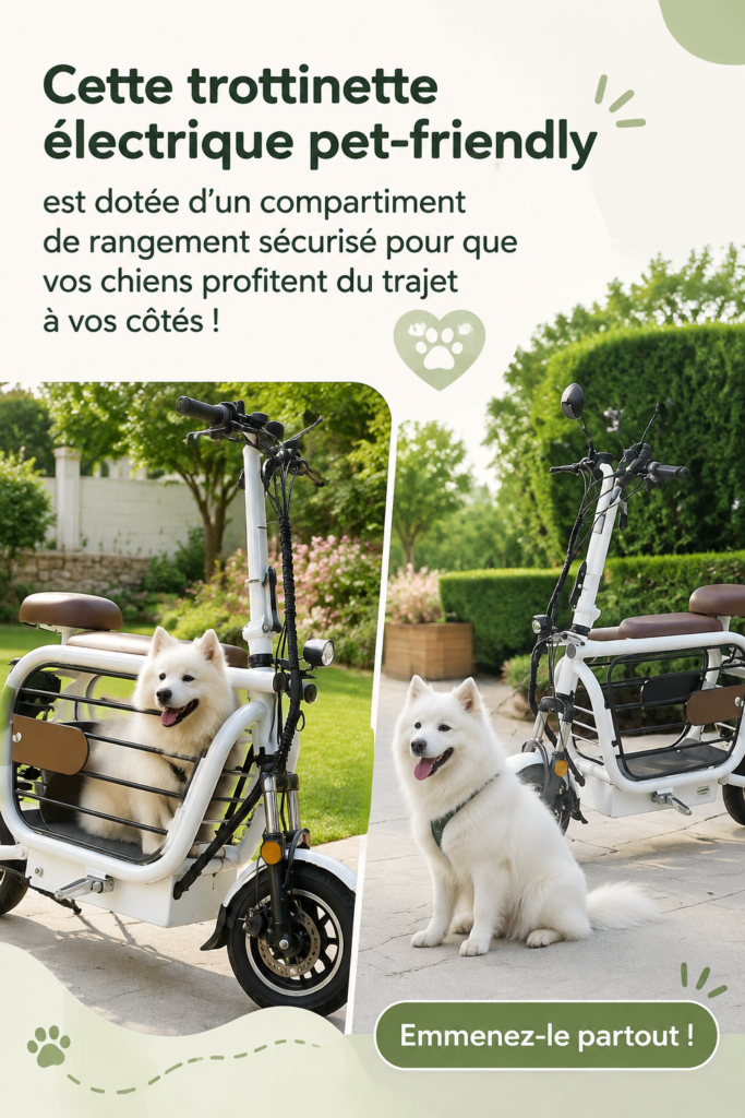 Un scooter électrique avec un compartiment sécurisé pour animaux, parfait pour balader votre chien en ville.