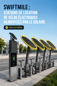 Station de location de vélos électriques alimentée par panneaux solaires dans un cadre urbain.