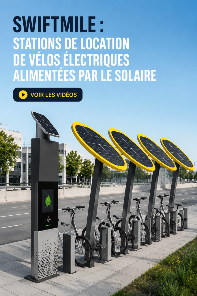 Station de location de vélos électriques alimentée par panneaux solaires dans un cadre urbain.