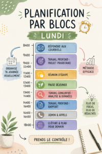 Femme s'organisant avec un calendrier de time blocking sur son bureau, symbolisant la gestion du temps efficace.
