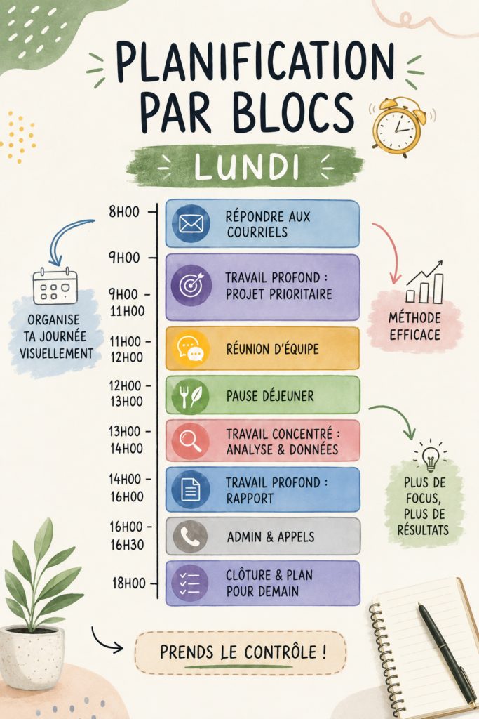 Femme s'organisant avec un calendrier de time blocking sur son bureau, symbolisant la gestion du temps efficace.