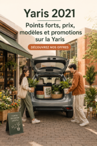 Vue latérale de la Toyota Yaris 2021 sur un fond urbain