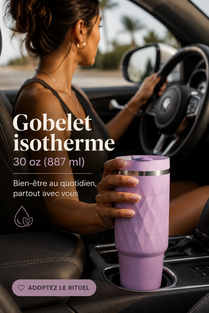 Une femme tenant un tumbler Stanley dans un cadre urbain, illustrant la mobilité moderne.