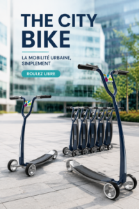 Femme utilisant un vélo urbain dans une rue animée, illustrant la mobilité pratique en ville.