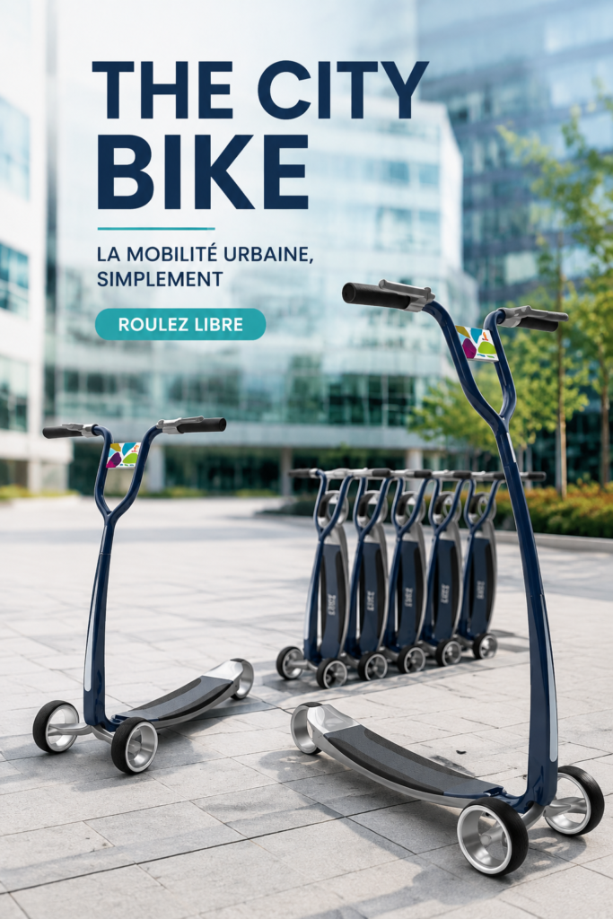 Femme utilisant un vélo urbain dans une rue animée, illustrant la mobilité pratique en ville.
