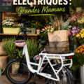 Un vélo cargo électrique dans une rue urbaine, chargé de courses et décoré de fleurs.