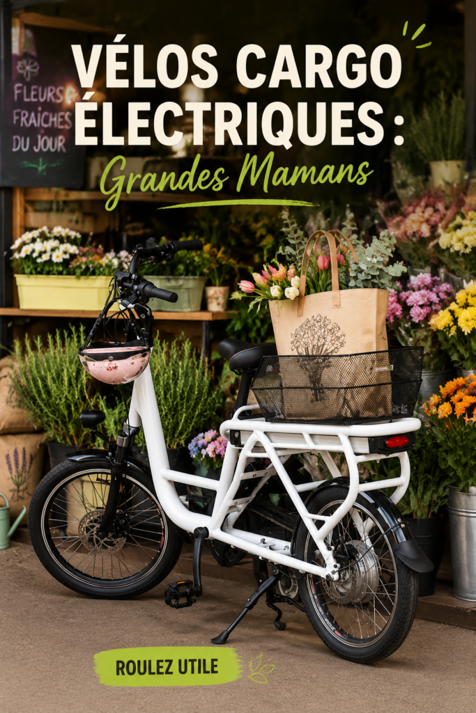Un vélo cargo électrique dans une rue urbaine, chargé de courses et décoré de fleurs.