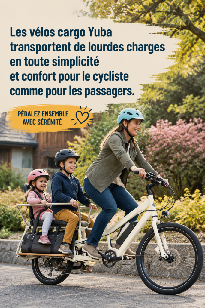 Un vélo cargo Yuba brandissant un chargement d'enfants et de courses en milieu urbain.