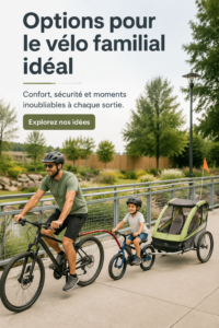 Famille heureuse au parc avec des vélos familiaux adaptés