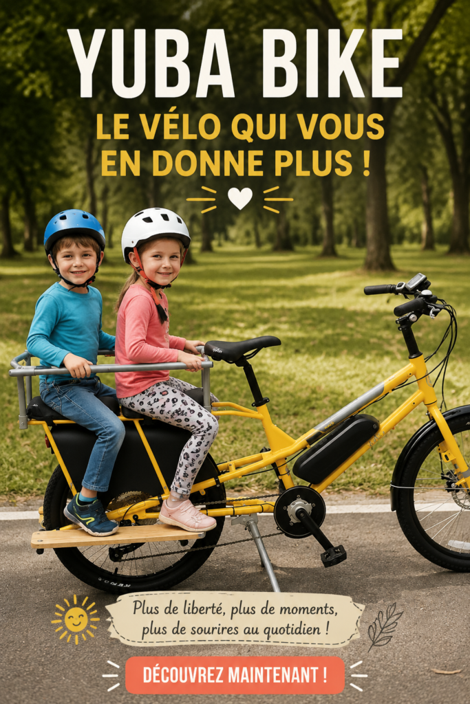 Un vélo Yuba cargo, idéal pour la famille, stationné dans un parc urbain.