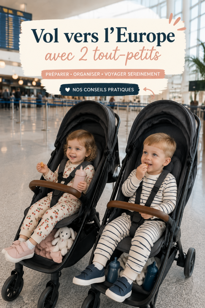Maman et ses deux enfants découvrant l'aéroport avant un vol pour l'Europe.