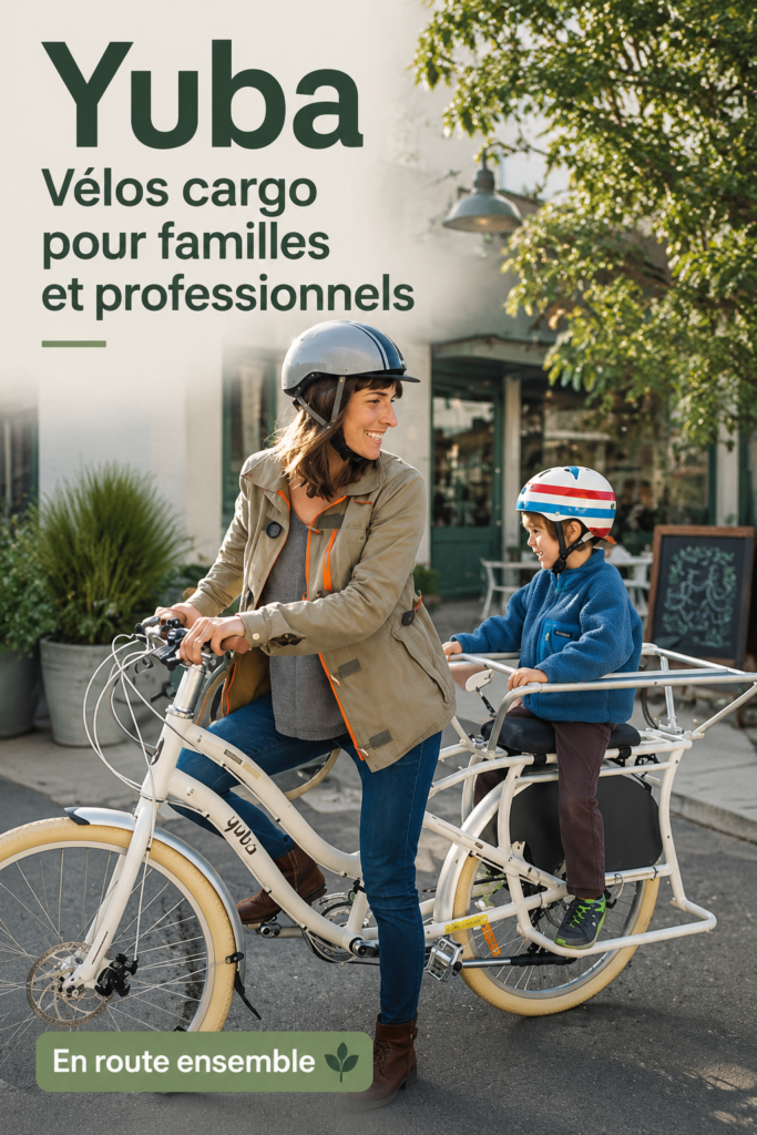 Vélo cargo Yuba en ville, transportant une famille avec enfants