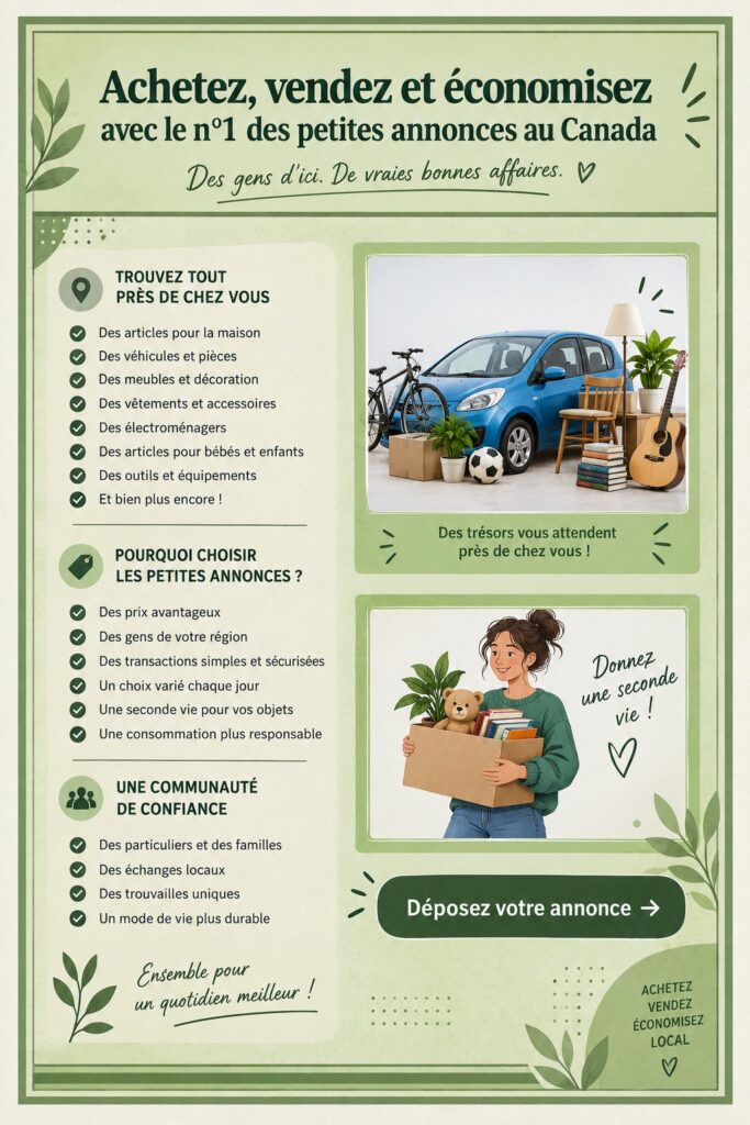 Logo de Kijiji sur fond blanc représentant l'achat et la vente locale.