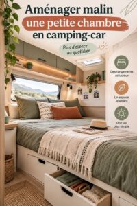 Chambre de camping-car bien aménagée avec des meubles intelligents pour un espace optimisé.