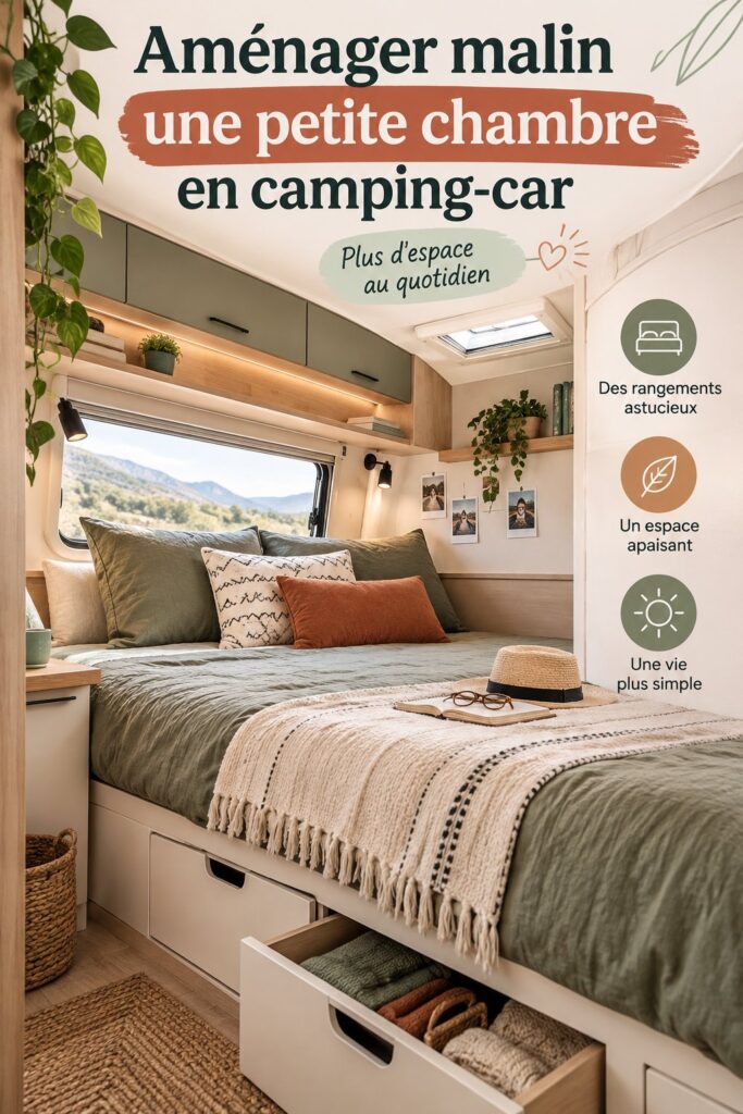 Chambre de camping-car bien aménagée avec des meubles intelligents pour un espace optimisé.